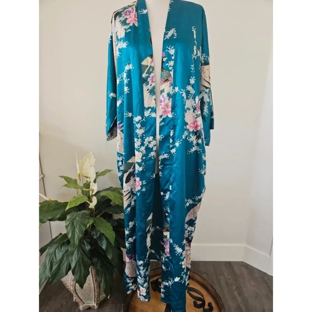 Kim + Ono Peacock Floral Satin Kimono Robe One Size Blue Long Duster - NO BELT